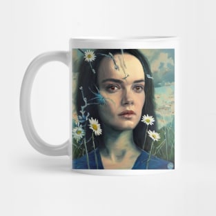 Portrait of pretty young  face with  daisy flowers Mug